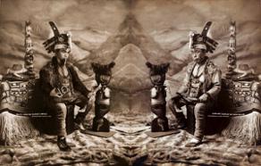 Photomanipulation juxtaposing an old image of tlingit shaman with a modern artist. Image by Da-Ka-Xeen Mehner