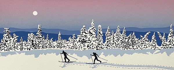 Two skiers in silhouette against a moonlit sky on Murphy Dome