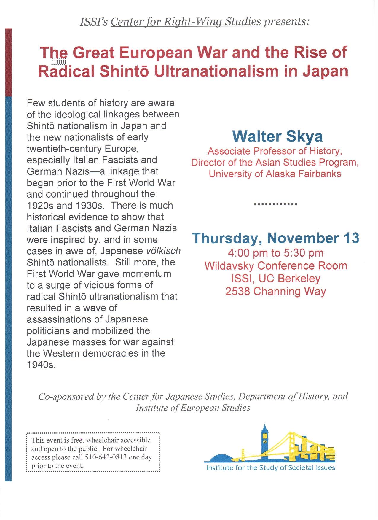 Flyer for free public lecture by Dr. Skya - The Great European War and the Rise of Radical Shinto Ultranationalism in Japan
