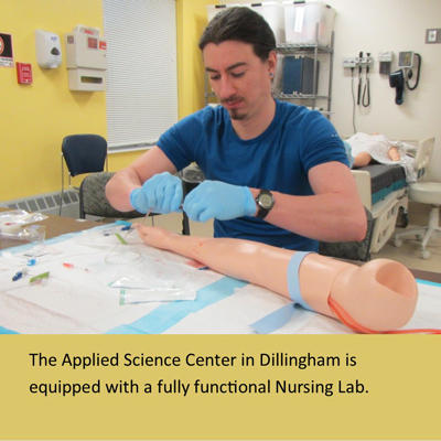 Nursing student with model arm in the Nursing Lab - superimposed text - The Applied Science Center in Dillingham is equipped with a fully functional Nursing Lab.
