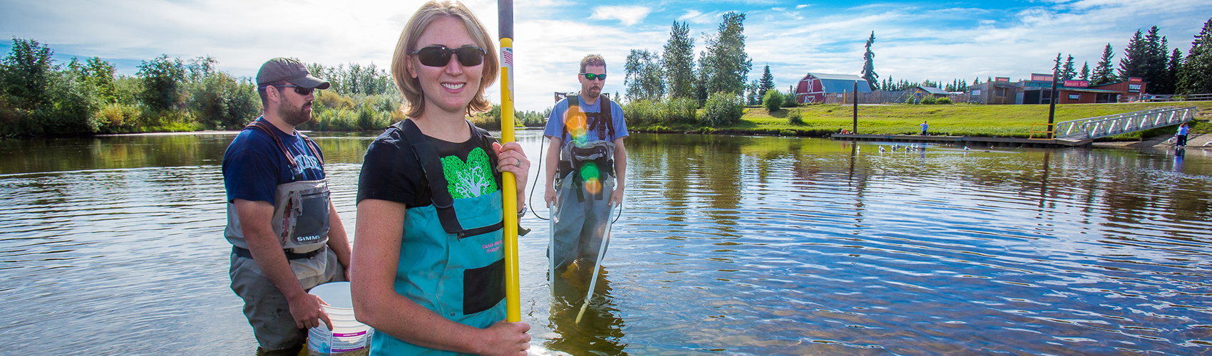 Undergraduate Patty McCall works with Fisheries Professor Trent Sutton, right, and master's candidate Nick Smith collecting live samples from the Chena River for their research on the life dynamics of Arctic brook lampreys.