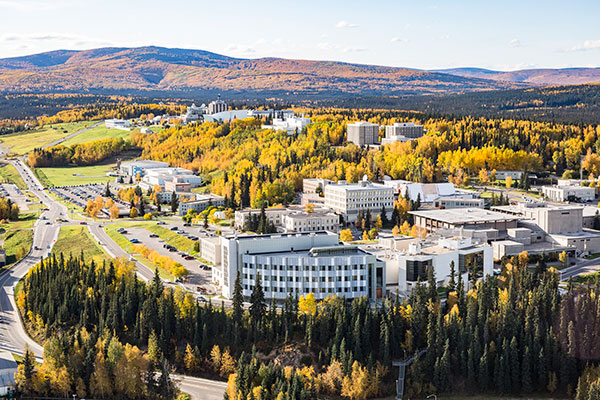 aerial view of UAF's main campus in Fairbanks, Alaska in autumn