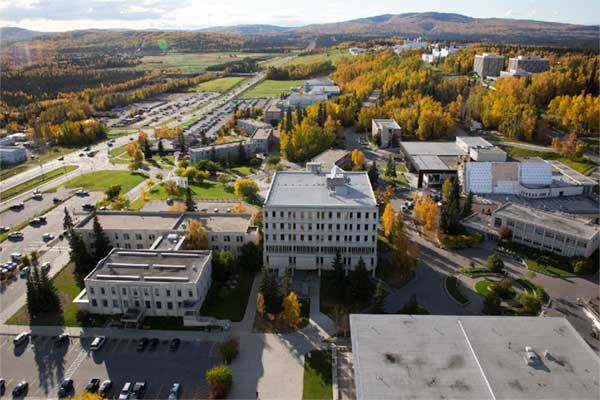 Aerial view of Signers Hall and Gruening Building on UAF campus