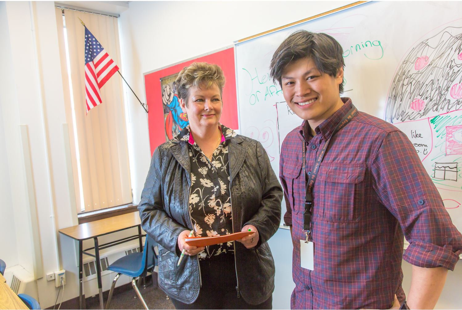 Associate Professor Ute Kaden meets with education major Bennett Wong during Bennett's internship at Tanana Middle School during the spring 2015 semester.