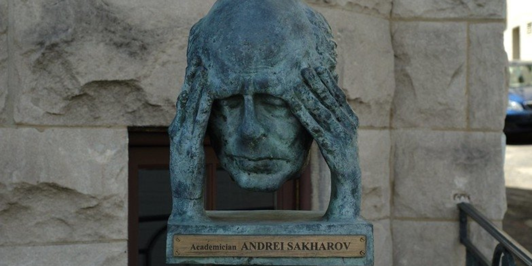 Washington, DC—August 3, 2008: Bust of Soviet nuclear physicist and dissident Andrei Sakharov outside of the Russia House. Photo by Andrei Sakharov/Flickr