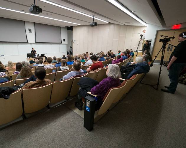 Snedden Lecturer Dorothy Parvaz (Al Jazeera) discusses the global refugee crisis during a recent public lecture at UAF.