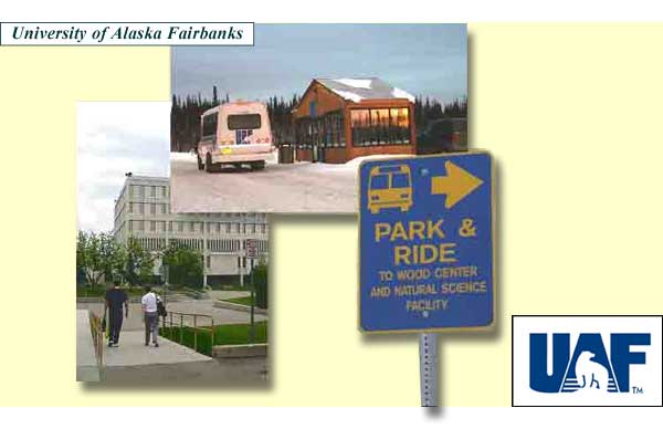 Cloage of pictures of bus at Warm Hut, students walking down a ramp in front of Gruening buidling, a parking sign and the UAF logo