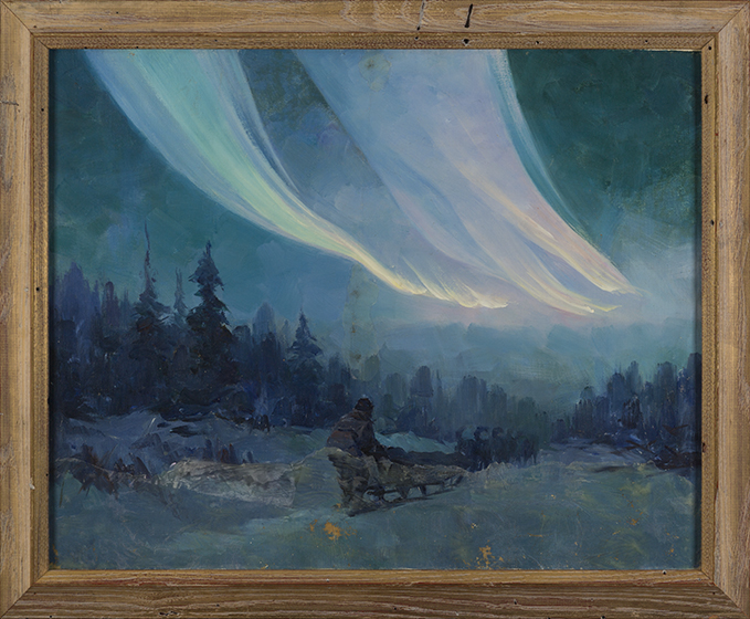 Painting of aurora over a dog sled team in the forest