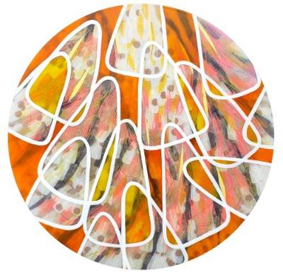 Circular painting of close-up butterfly wings, in orange and white.