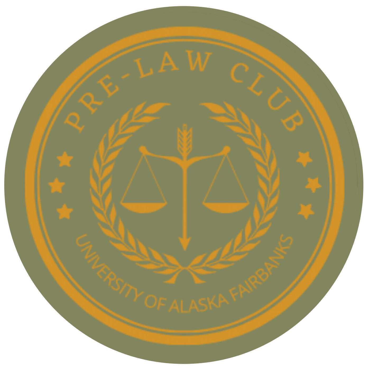 Pre-Law Club logo - golden scales and stars in an olive green circle. Photo courtesy of UAF Pre-Law Club