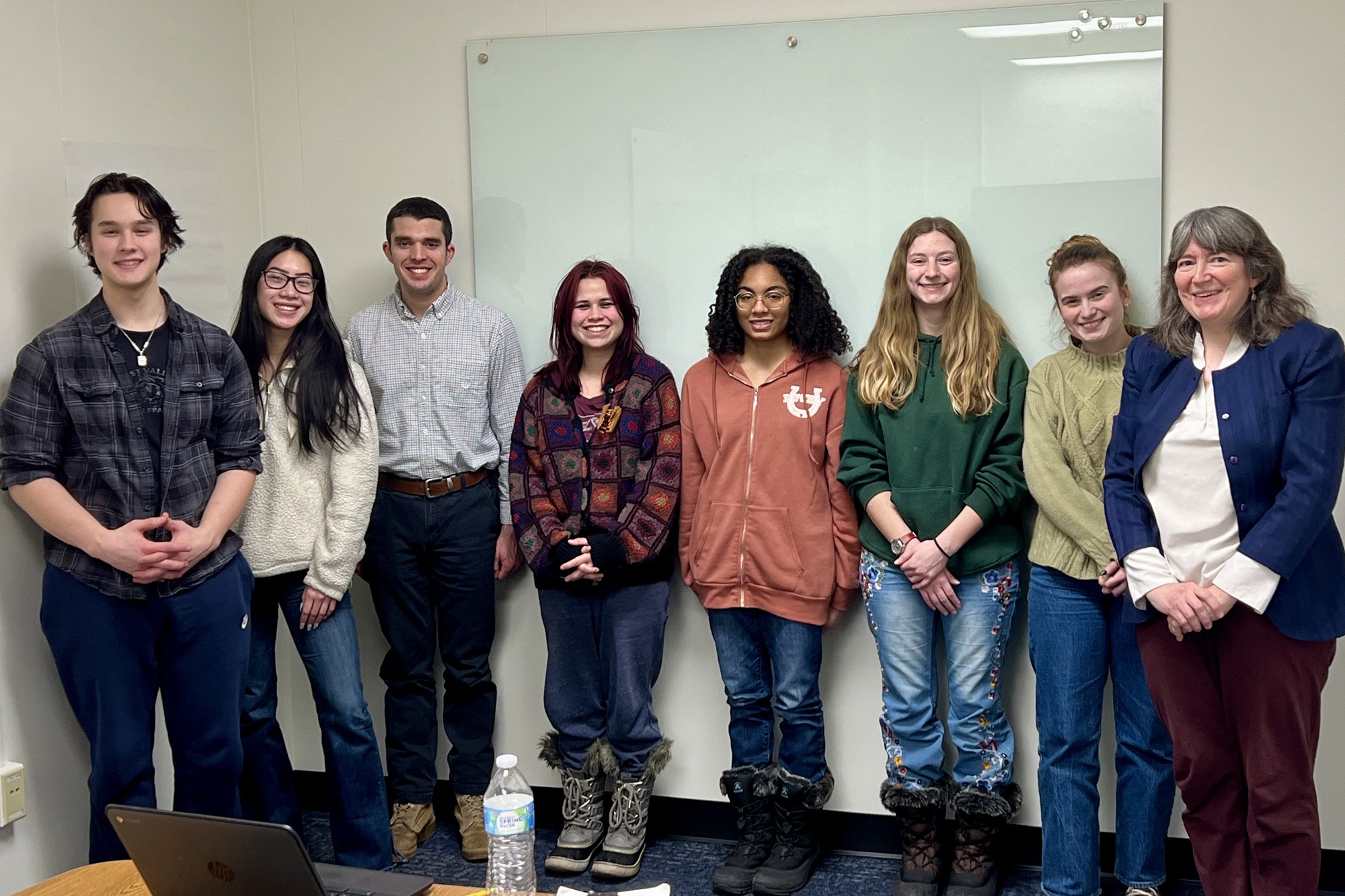 Pre-Law Club meeting attendees. From left to right: Owen Adams, Zoe Schneider, Rob Ziegler, Maria Arnett, Zandeleigh Silva, Ivy Daly, Matia Wartes, and Carol Gray. UAF Photo by Amy Lovecraft.