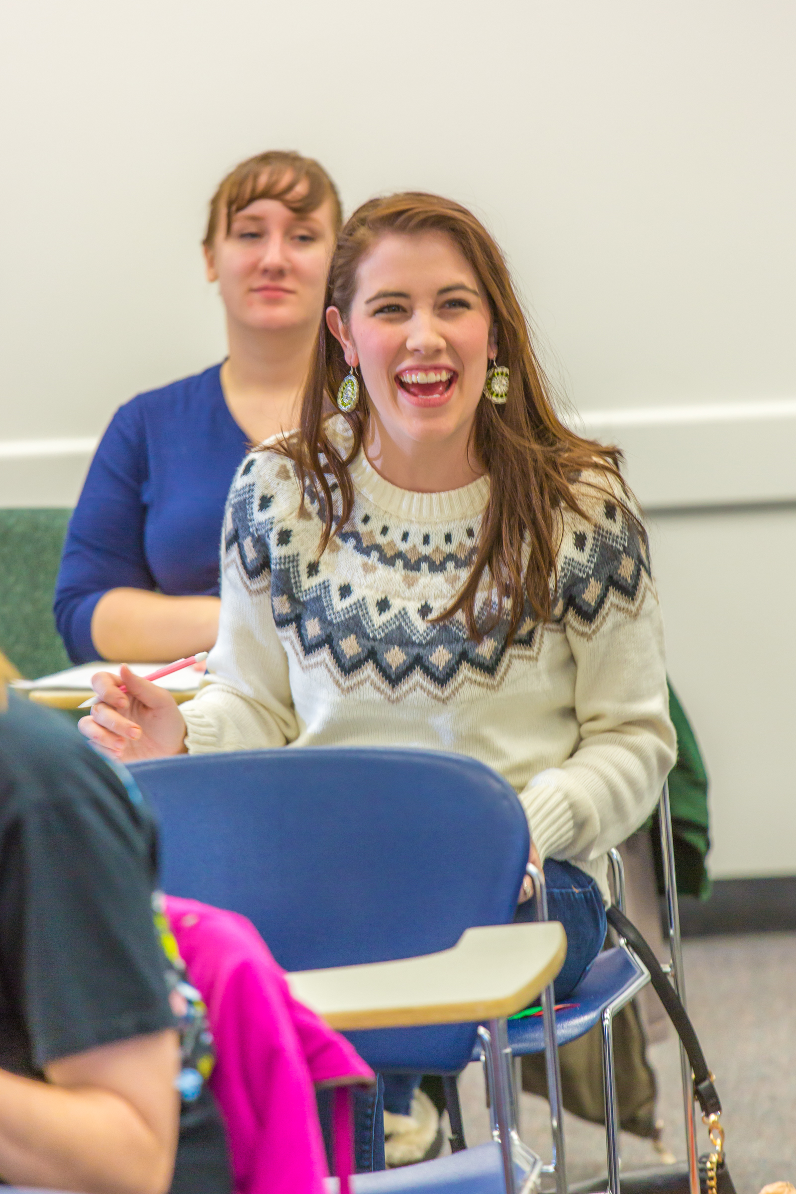 Mariah Ray shares a laugh with Associate Professor Dani Sheppard during her Psychology 335 final exam Dec. 17 in the Gruening Building. | UAF Photo by Todd Paris