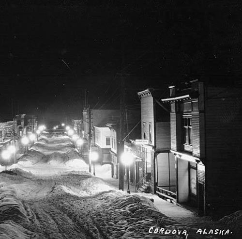 Nighttime view of Cordova in winter, 1912.