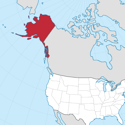 A view of North America with Alaska filled in red.