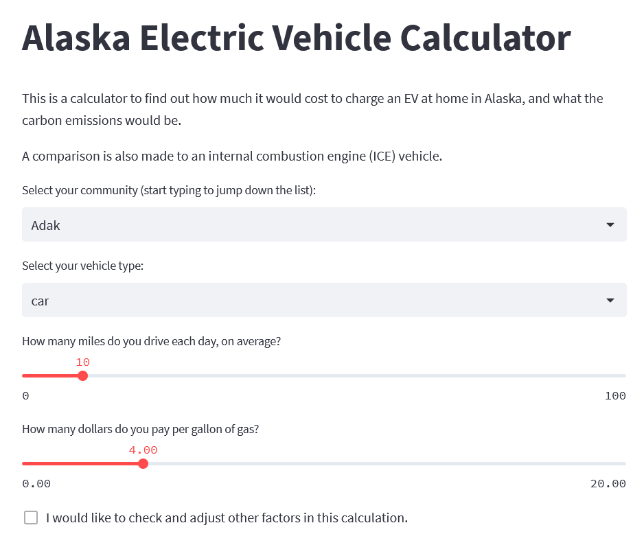 Screen grab from the Alaska Electric Vehicle Calculator