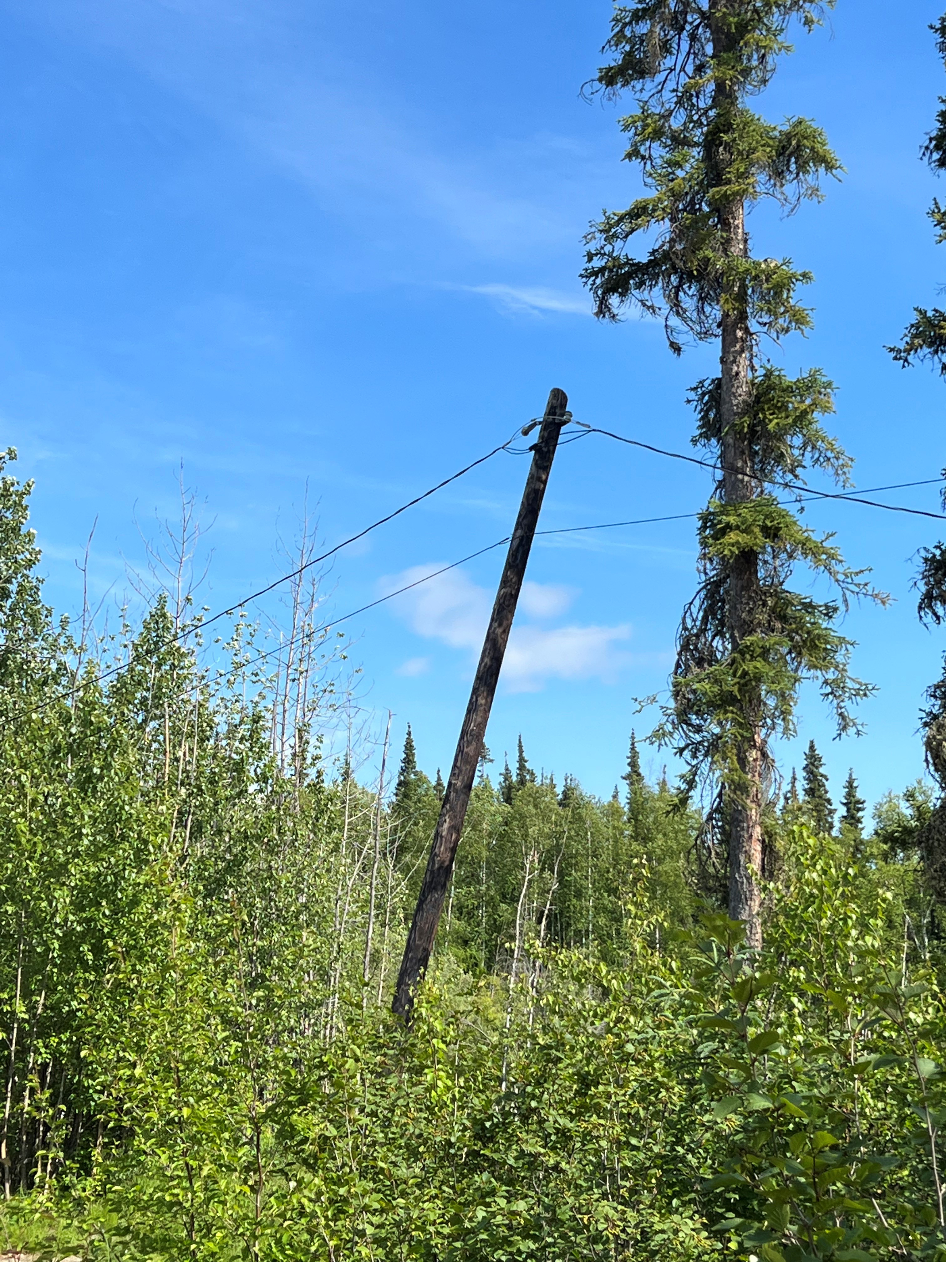 Power poles in this area are susceptible to erosion and standing water, which can cause tilting.