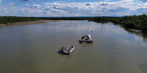 Drone view of testing at the Tanana River Hydrokinetic Test Site in June 2025. Photo by Matthew Scragg.