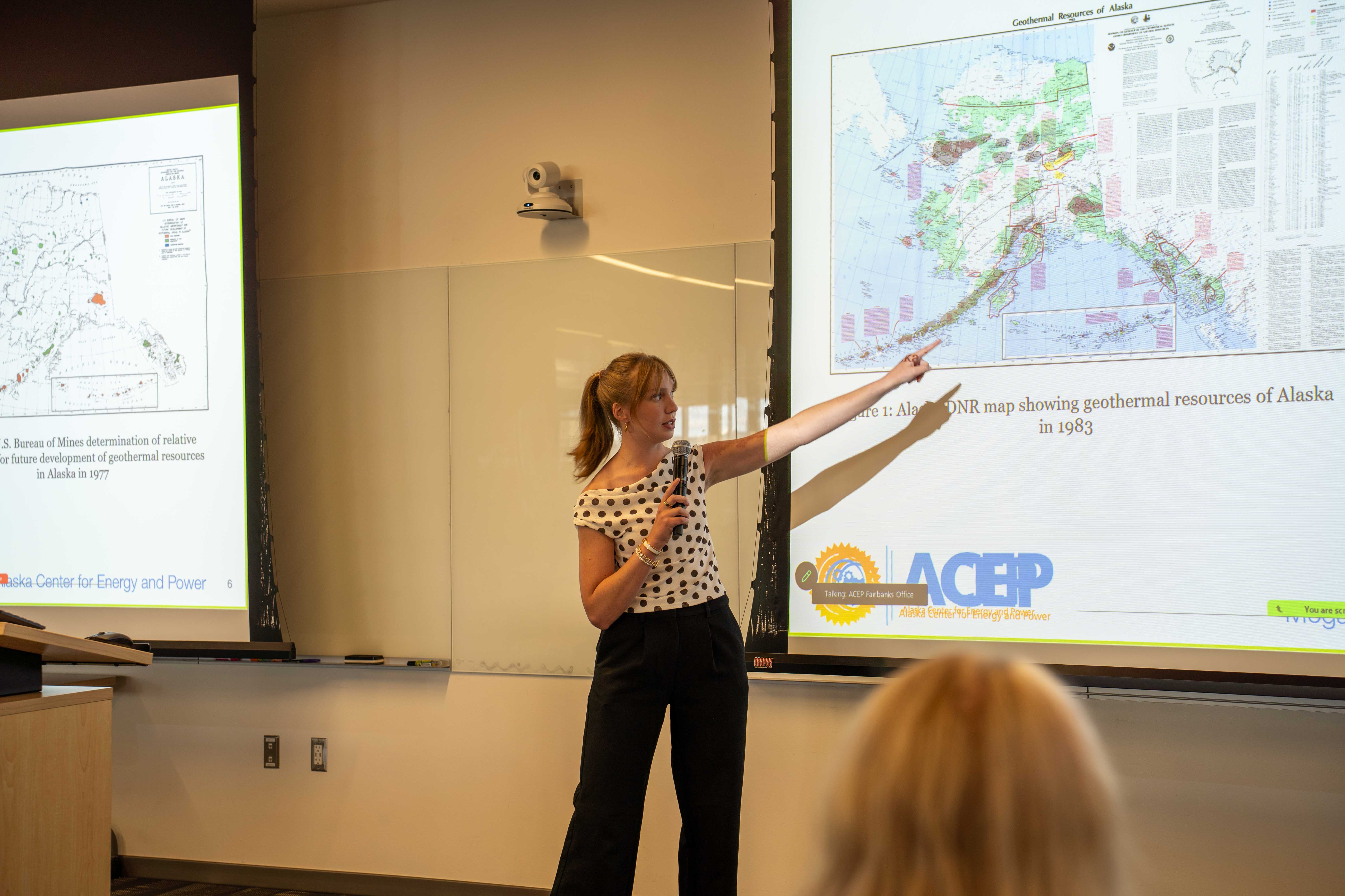 A person is giving a presentation pointing at a screen.