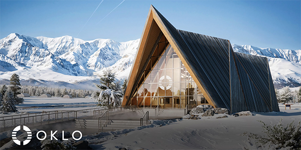 A concept image of a modern-looking building with snowy mountains in the background.