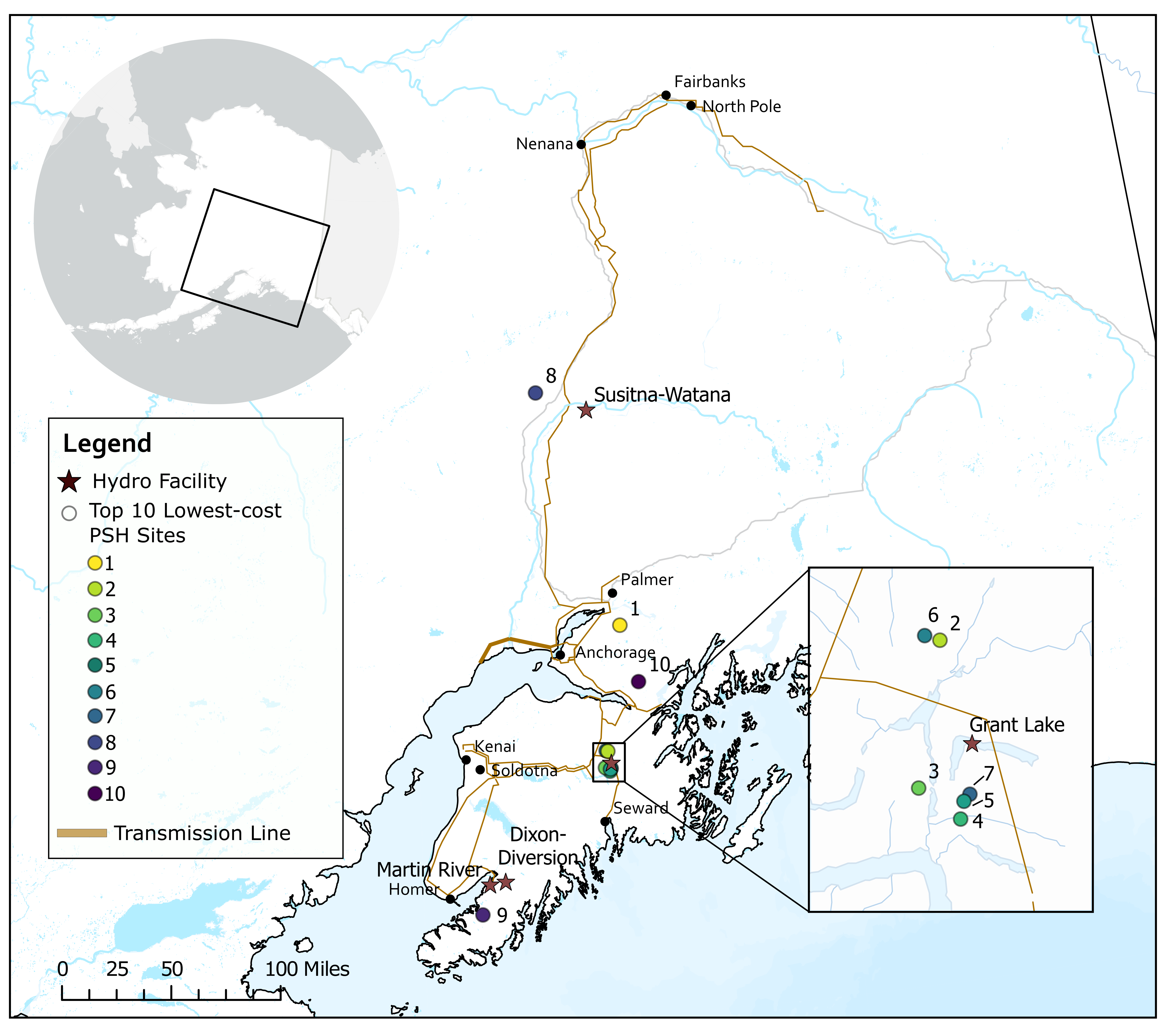 A map of the top ten lowest-cost pumped storage hydropower sites within three miles of the Railbelt.