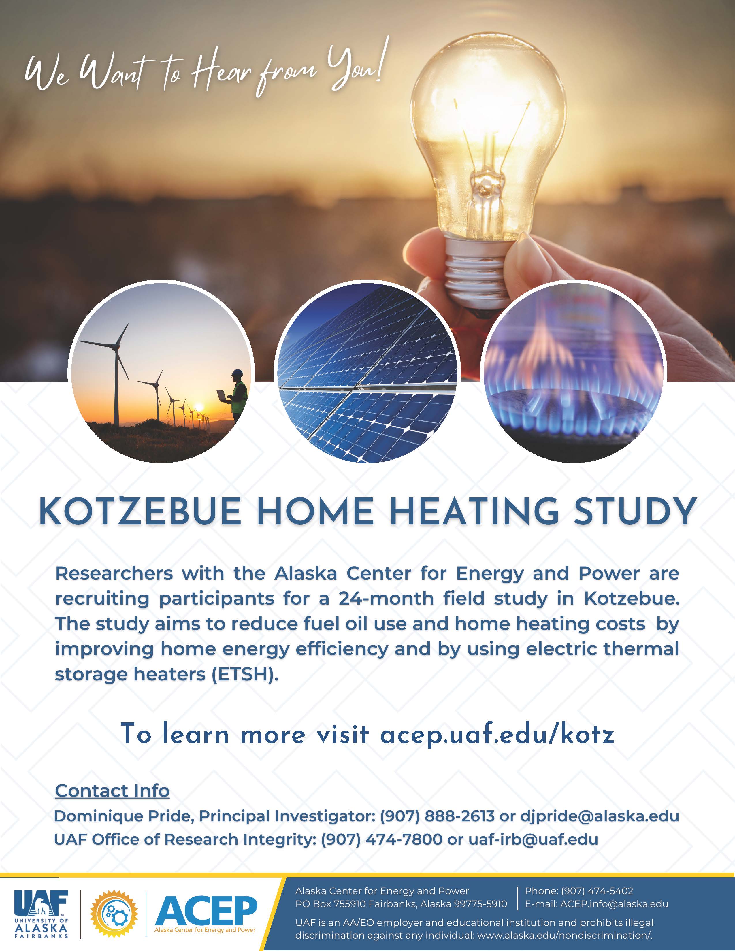 Flyer for the Kotzebue home heating study: information on flyer is written out in article to the left.