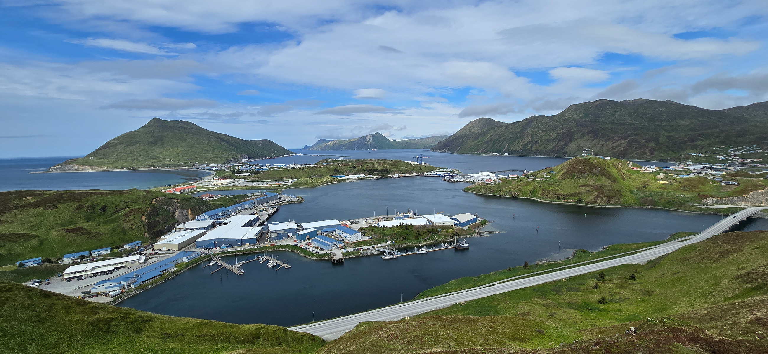 A view of a small community along a bay from a hill. 