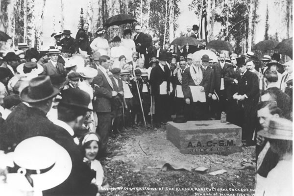 Historical Photo, placing the Cornerstone of the Alaska college of mines