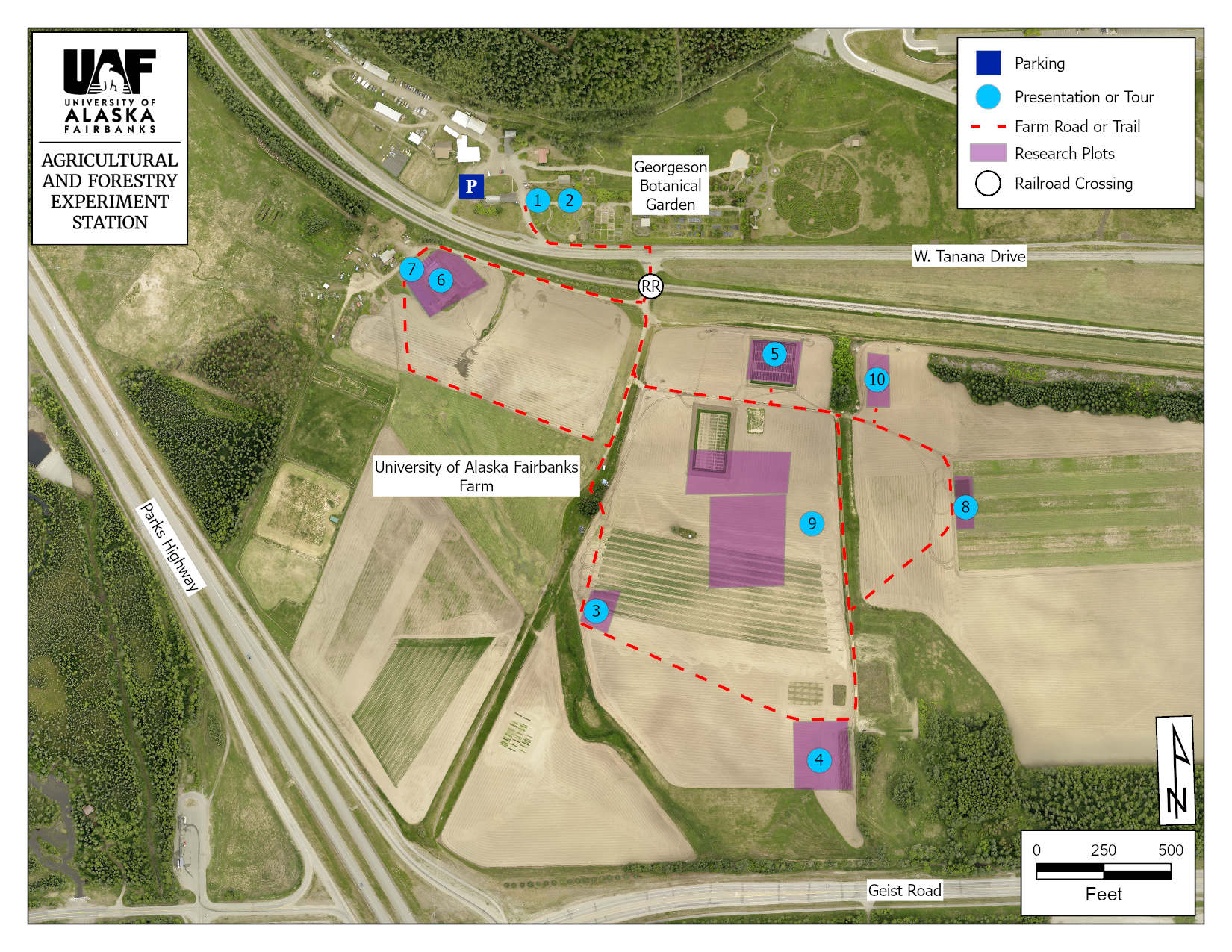 Map of the Fairbanks Experiment Farm with research plots, roads and parking