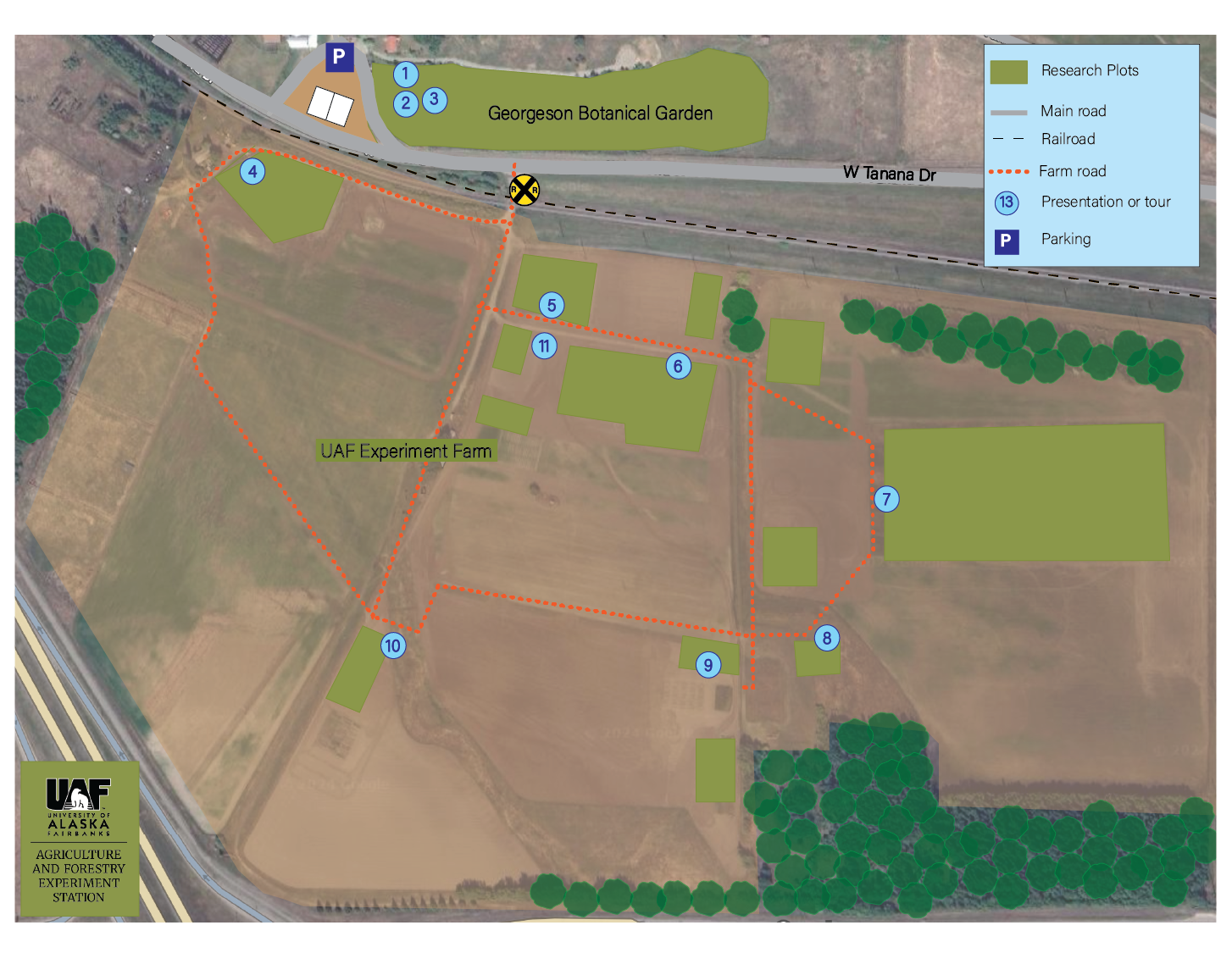 Map of the Fairbanks Experiment Farm with research plots, roads and parking