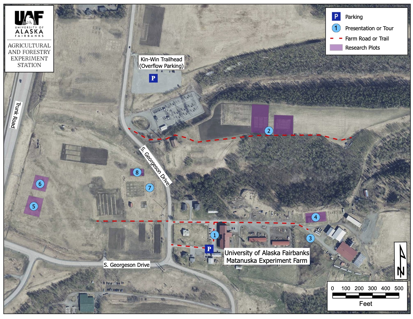 Map of the Matanuska Experiment Farm with research plots, roads and parking