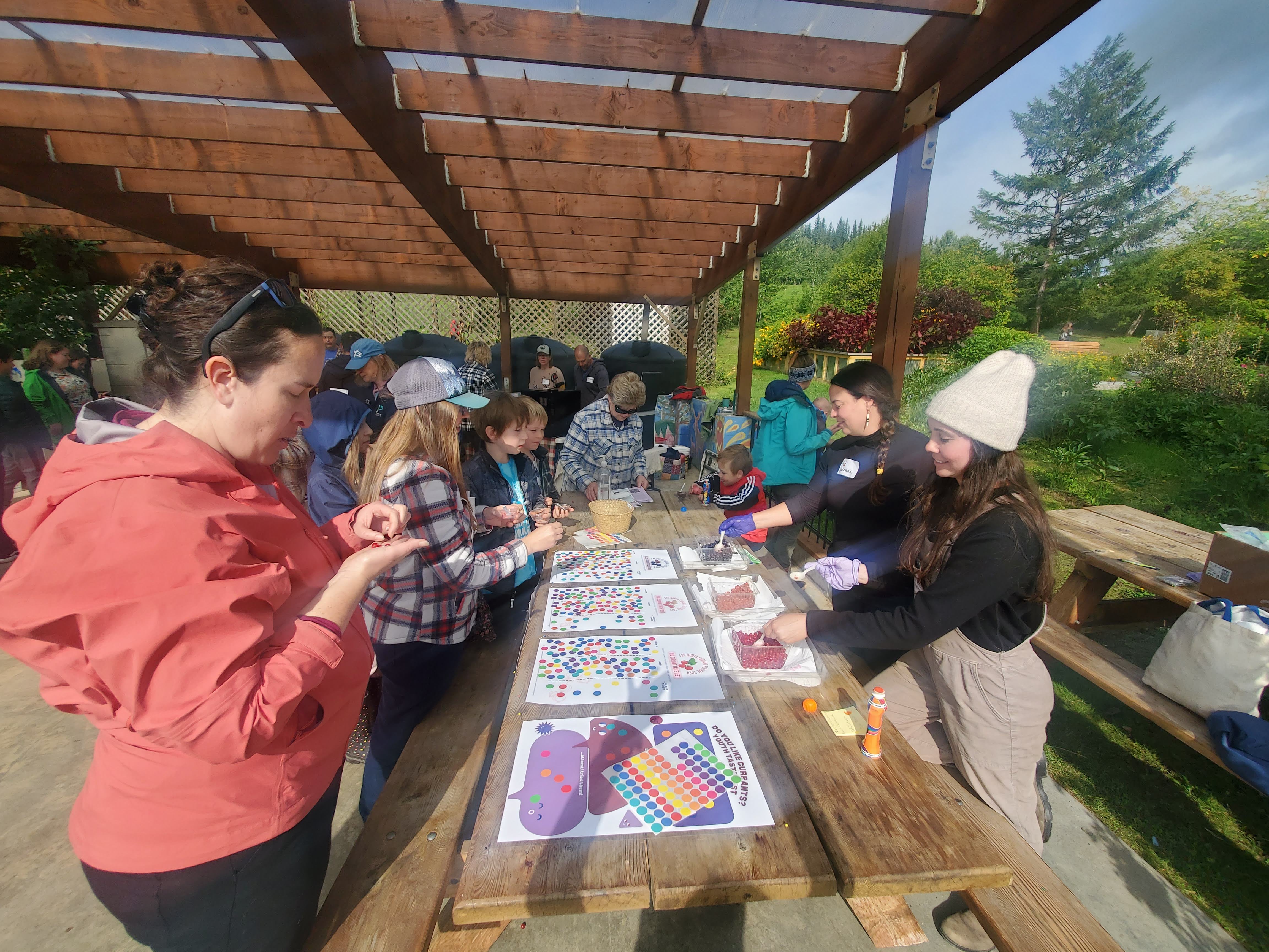 People around a table tasting currants