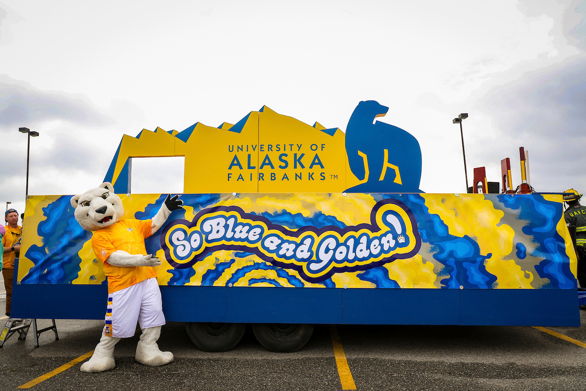 Nook showcases the 2023 Golden Days UAF parade float 'So Blue and Golden!' designed by Kyle Augustines
