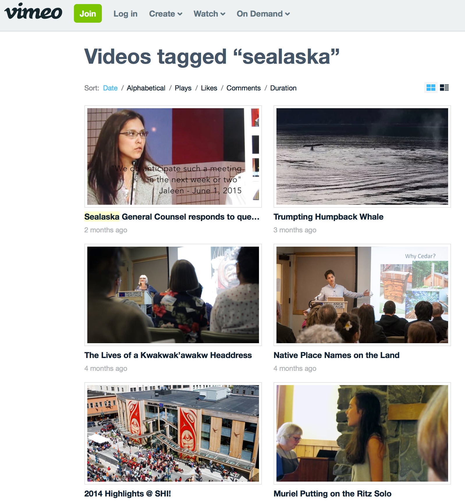 Screenshot of vimeo videos tagged sealaska