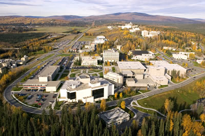 An aerial view showcases the UAF campus in September 2005. Credit: UAF photo by Todd Paris.