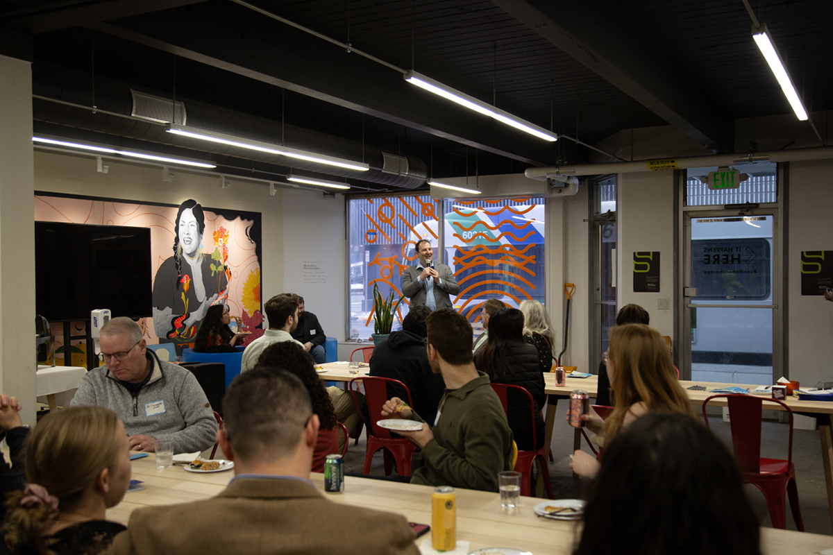 Brandon Boylan address a room full of Arctic and Northern Studies program students and alumni at the first ACNS reception in 2025. UAF Photo by Sarah Manriquez