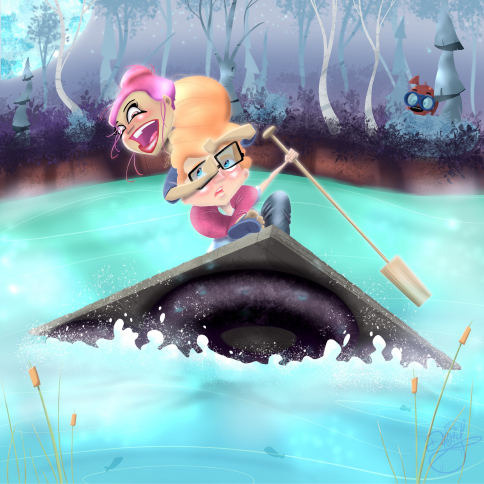 A vibrant image of a girl with pink hair and a boy with glasses paddling a raft across a river
