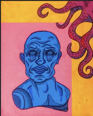 Mural of a bright blue bust in front of a bright pink and yellow background with red octopus tentacles on the top right by art student Jordan Diego