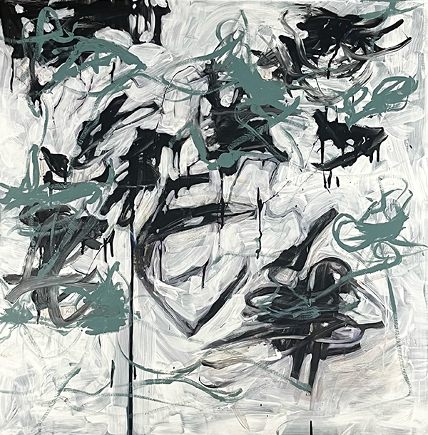 an abstract painting with white, black and green