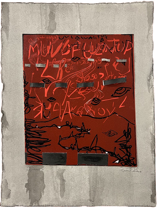 A centered deep red square containing bright red and black text and abstract drawings.