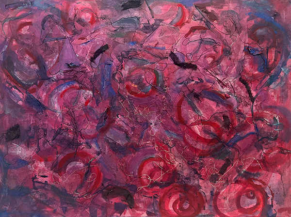 A swirling abstract painting of reds and deep burgundies