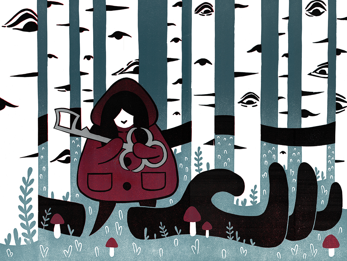 A smiling figure with dark hair and a red coat holds a silver key while standing over a severed shadow of hand in a blue forest filled with birch trees and red mushrooms
