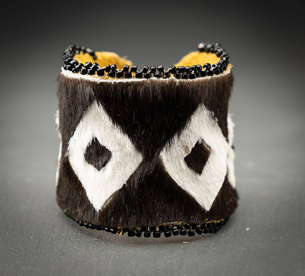 black and white fur cuff bracelet with beaded edges