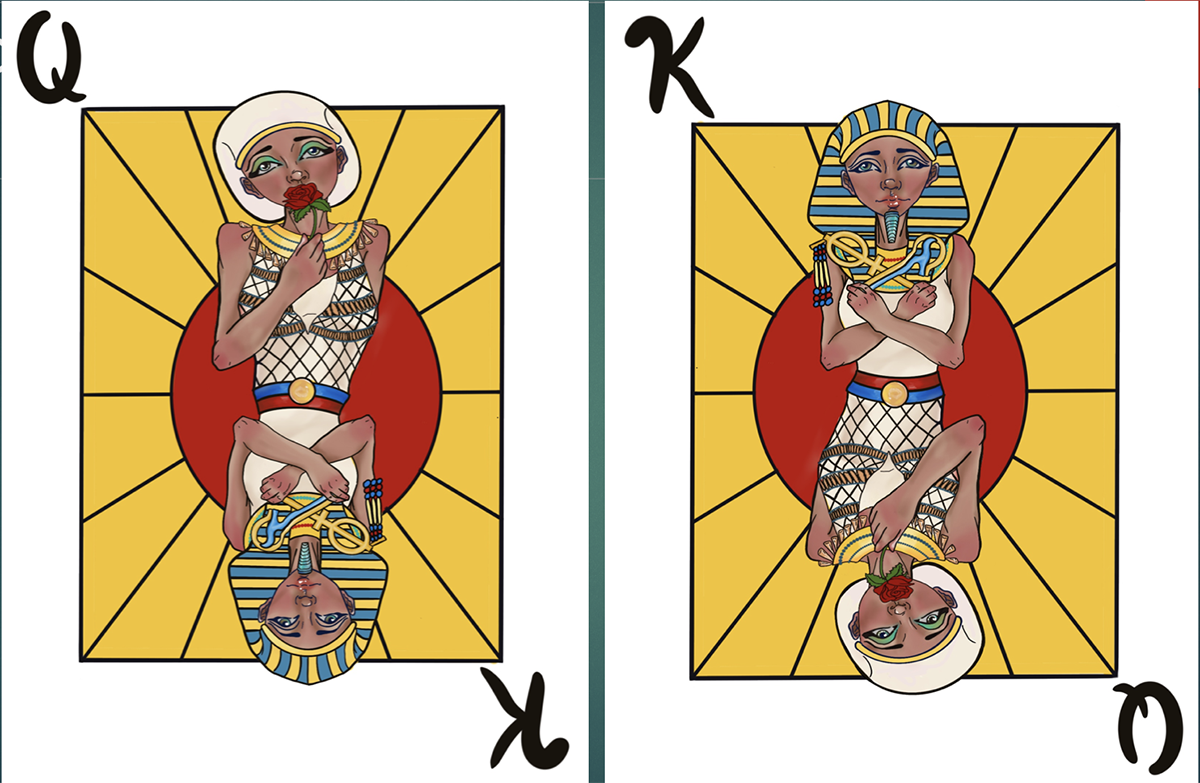 Two playing cards featuring Hatshepsut's funerary mask and bust. One side says "Q" and the other says "K".