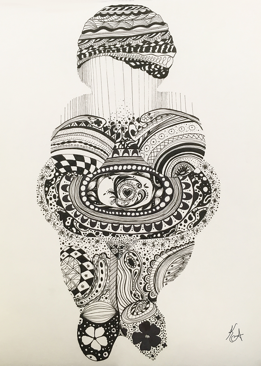 Line drawing of a patterened version of the Woman of Willendorf