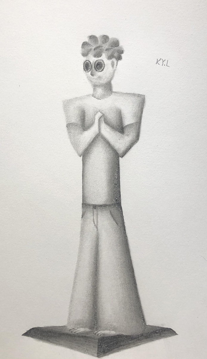 pencil drawing of a self-portrait as a votive figure. It depicts a modern student in a t-shirt and jeans with large eyes and their hands clasped together in front of their chest
