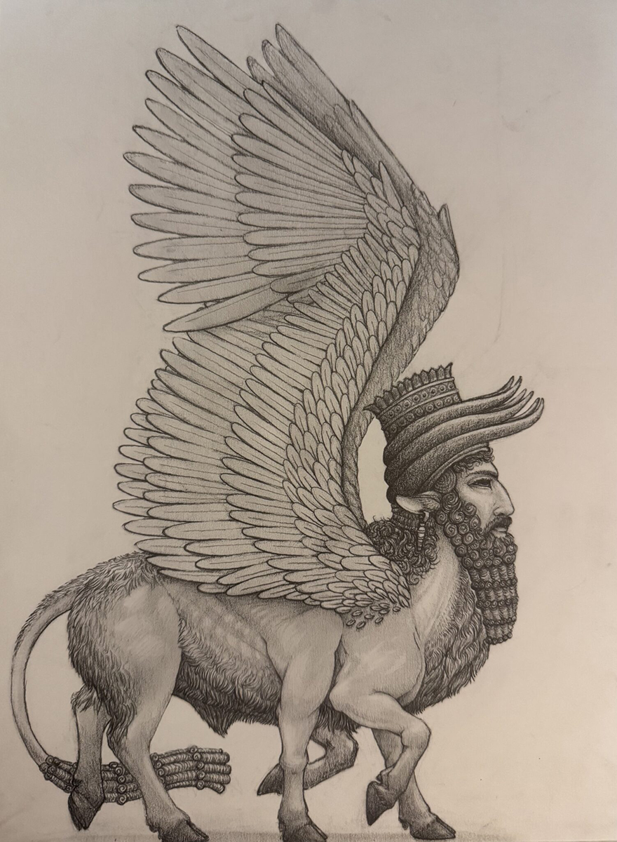 Line drawing of a lamassu based on the Assyrian statues of winged lions with horse heads