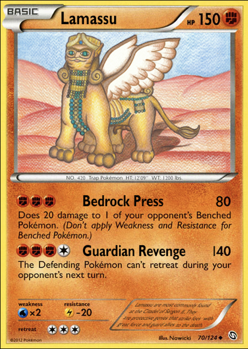 Lamassu (a statue of a winged-lion with a human head) reimagined as a Pokemon trading card
