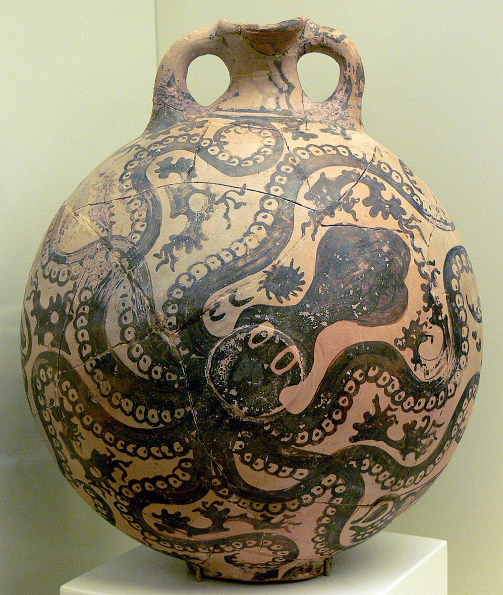 Terracotta job with a large dark octopus design