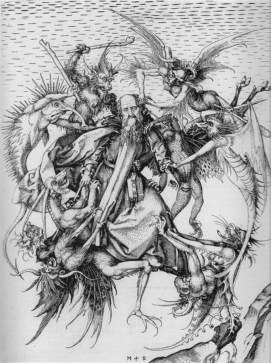 Black-and-white engraving showing Saint Anthony suspended in the air while being attacked by a swarm of grotesque demon-like creatures. The monsters have distorted combinations of animal and human features, including scales, horns, claws and wings. Saint Anthony remains calm and composed at the center of the chaotic scene, his robes twisting in the movement as the creatures pull and strike at him against a sparse sky and distant landscape.
