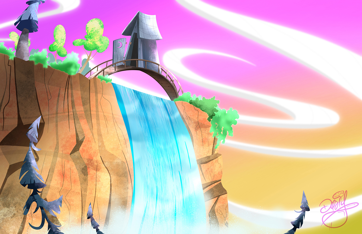 A colorful digital drawing of an outhouse on a bridge over a waterfall